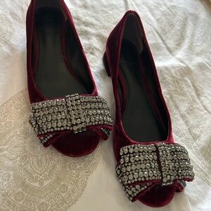 Tory Burch Burgundy Velvet Flats with Rhinestone Bow
